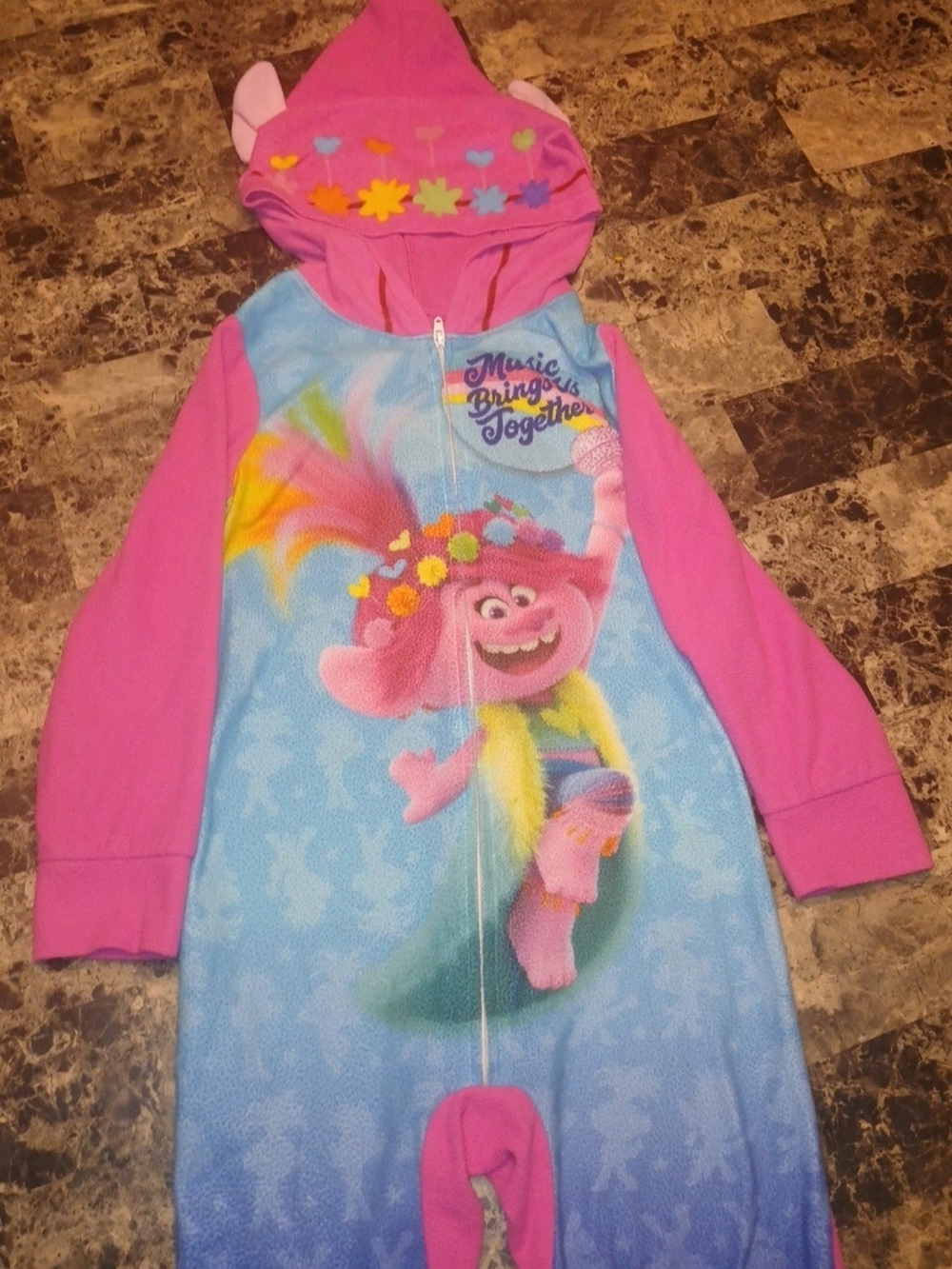 Trolls Pink & Blue Zip-Front Hooded Pajama Set
